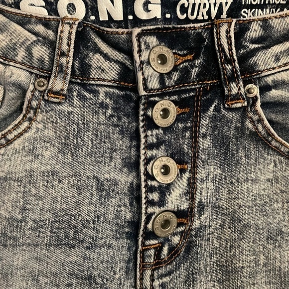 High Rise Button‎ Fly S.O.N.G Curvy Shark Bite Skinny Jeans women’s Sz 27 Blue - Picture 2 of 15